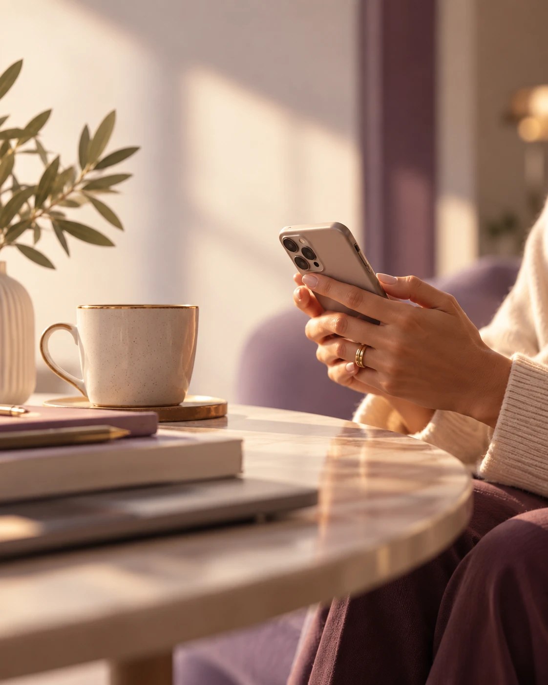 Pessoa checando o celular com calma, xícara de café ao lado